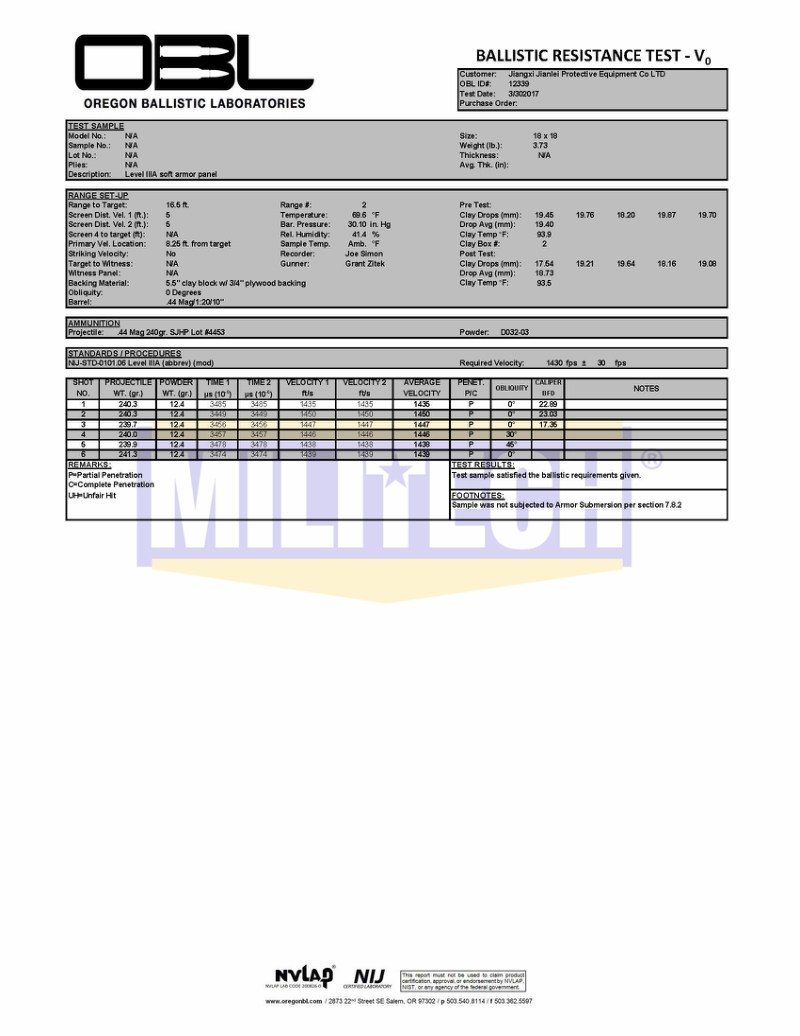 Bulletproof Vest OBL NIJ IIIA 0101.06 .44 Magnum Test Report 2